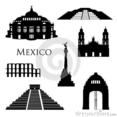 Mexico city landmarks icon set. Famous buildings travel signs Stock Photo