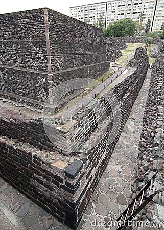 Remains of Aztec temples at the Plaza de las Tres Culturas Editorial Stock Photo