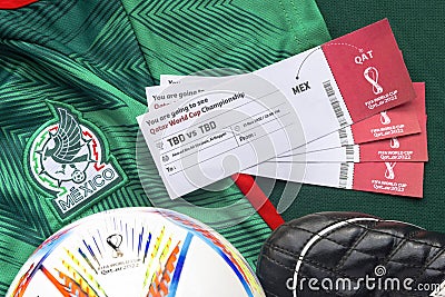 Some generic tickets for the Qatar World Cup on a Mexican Jersey. Concept: World Cup ticket Editorial Stock Photo