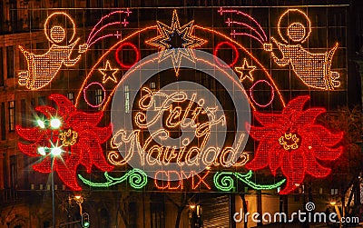 Mexico City Zocalo Mexico Christmas Night Feliz Navidad Sign Stock Photo