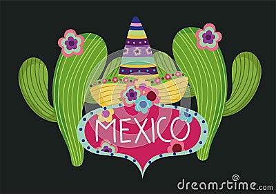 mexico culture traditional hat fowers cactus label template Vector Illustration