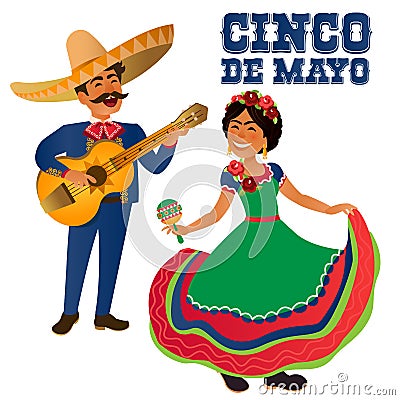 Mexico Dancer and guitar player at the Cinco De Mayo festival Vector Illustration