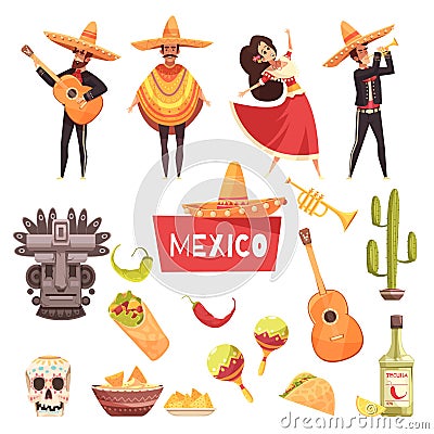 Mexico Decorative Icons Set Vector Illustration