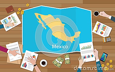 Mexico economy country growth nation team discuss with fold maps view from top Cartoon Illustration