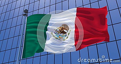 Mexico flag on skyscraper building background. 3d illustration Cartoon Illustration