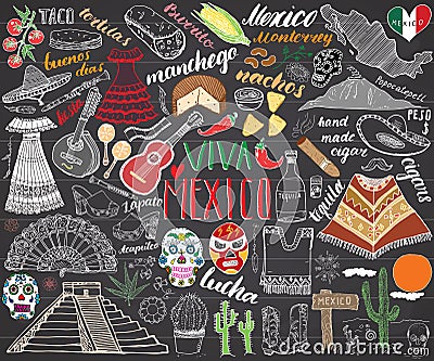 Mexico hand drawn sketch set vector illustration chalkboard Vector Illustration