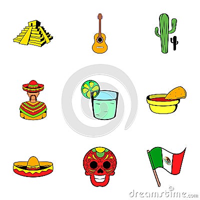 Mexico icons set, cartoon style Vector Illustration