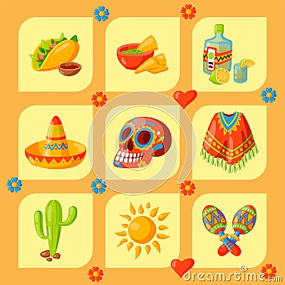 Mexico icons vector illustration traditional graphic travel tequila alcohol fiesta drink ethnicity aztec maraca sombrero Vector Illustration