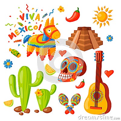 Mexico icons vector illustration traditional graphic travel tequila alcohol fiesta drink ethnicity aztec maraca sombrero Vector Illustration