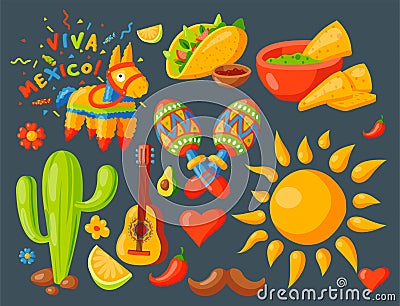 Mexico icons vector illustration traditional graphic travel tequila alcohol fiesta drink ethnicity aztec maraca sombrero Vector Illustration