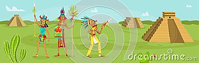 Mexico Indians ancient civilization concept, vector illustration, history aztec tribe culture, man woman people maya in Vector Illustration