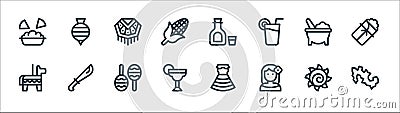 mexico line icons. linear set. quality vector line set such as mexico, woman, cocktail, pi?ata, molcajete, poncho, tequila, Vector Illustration