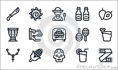 mexico line icons. linear set. quality vector line set such as scarf, skull, cross, lime, corn, drum, maracas, beers, sun Vector Illustration