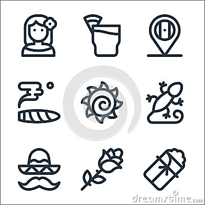 mexico line icons. linear set. quality vector line set such as tamales, rose, mexican hat, gecko, sun, cigar, mexico, tepache Vector Illustration