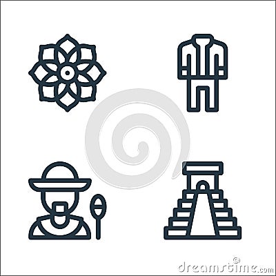 mexico line icons. linear set. quality vector line set such as chichen itza pyramid, man, mariachi Vector Illustration