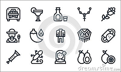 Mexico line icons. linear set. quality vector line set such as lime, woman, chirimia, avocado, gecko, man, poncho, cross, cocktail Vector Illustration