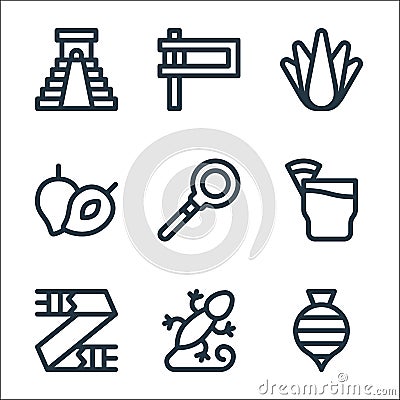 Mexico line icons. linear set. quality vector line set such as spinning top, gecko, scarf, tepache, coa de jima, zapote, agave, Vector Illustration