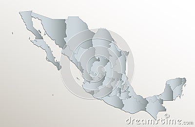 Mexico map, administrative division, white blue card paper 3D blank Vector Illustration