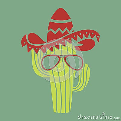 Mexico mascot icon. Cool cactus in hat and glasses cartoon vector illustration Vector Illustration
