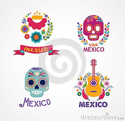 Mexico music, skull and food elements Vector Illustration