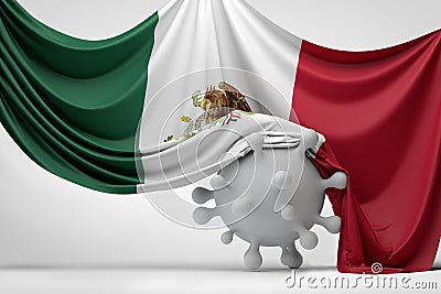 Mexico national flag draped over a Covid virus disease molecule. 3D Rendering Stock Photo