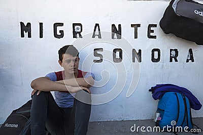 Mexico - Nogales - Migrants wait opening of Iniciativa Kino Editorial Stock Photo