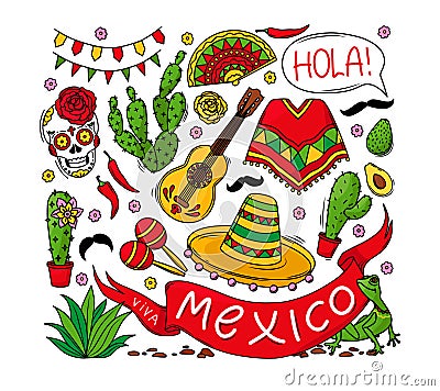 Mexico set of elements, skull, poncho, cacti, sombrero and ribbon with the inscription Viva Mexico isolated on a white Vector Illustration