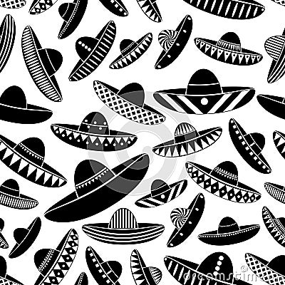 Mexico sombrero black hat variations icons seamless pattern Vector Illustration