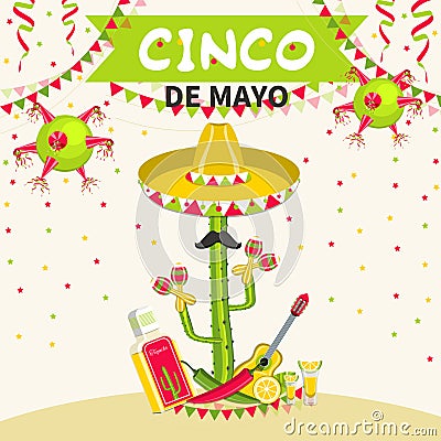 Mexico traditional fiesta. Cinco de Mayo Mexican holiday celebration greeting card. Vector illustration Vector Illustration