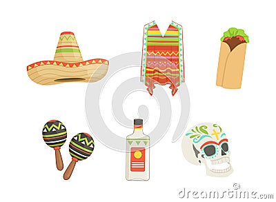 Mexico traditional objects set. Sombrero hat, poncho, burrito, tequila bottle and sugar skull vector illustration Cartoon Illustration