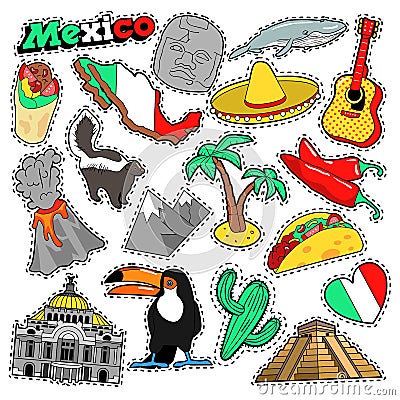 Mexico Travel Scrapbook Stickers, Patches, Badges Vector Illustration