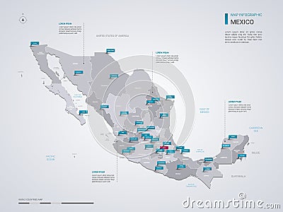 Mexico vector map with infographic elements, pointer marks Vector Illustration