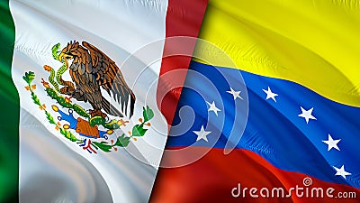 Mexico and Venezuela flags. 3D Waving flag design. Mexico Venezuela flag, picture, wallpaper. Mexico vs Venezuela image,3D Stock Photo