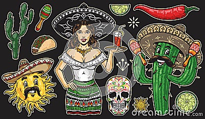 Mexico vintage emblems with waitress and cactus Vector Illustration