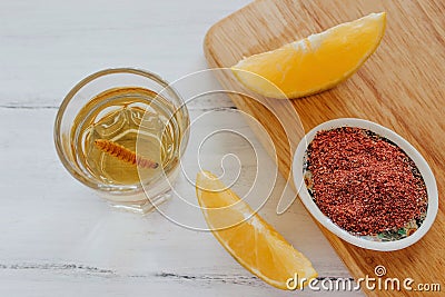 Mezcal shot with chili salt and agave worm, mexican drink in mexico Stock Photo