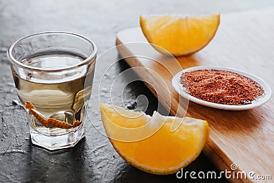 Mezcal shot with chili salt and agave worm, mexican drink in mexico Stock Photo