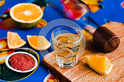 Mezcal shot with chili salt and agave worm, mexican drink in mexico Stock Photo