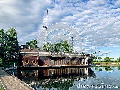 Mezhyhirya, Ukraine - August 2020: Ship on the lake Editorial Stock Photo