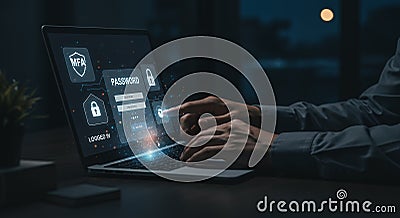 MFA Security: Secure Password Protection with Multi-Factor Authentication on Laptop for Safe Online Login Access Stock Photo