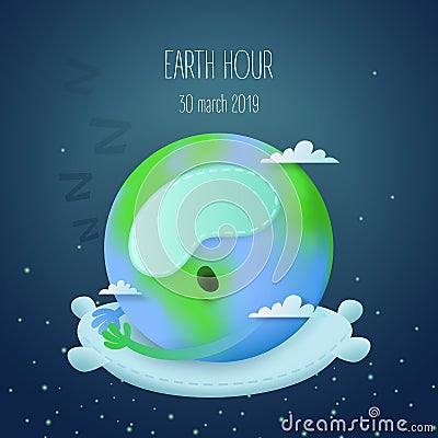 Earth hour banner with a sleeping eart on a pillow Vector Illustration