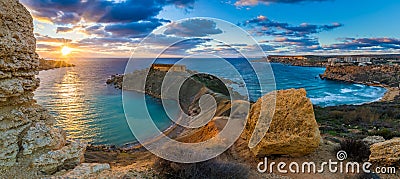 Mgarr, Malta - Panorama of Gnejna bay and Golden Bay, the two most beautiful beaches in Malta Stock Photo