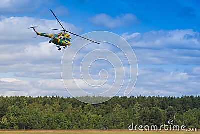 MI-2 Helicopter on Air During Aviation Sport Event Dedicated to the 80th Anniversary of DOSAAF Editorial Stock Photo