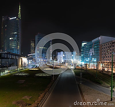 03/02/2019 Milan, Italy: Unicredit tower, Gae Aulenti square, financial district of milan seen from the overpass Bussa Editorial Stock Photo