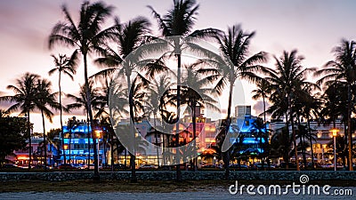 Miami Beach, colorful Art Deco District at night Miami Florida Editorial Stock Photo