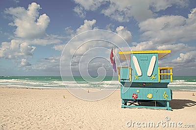 Miami beach colorful lifeguard towers. Quirky iconic structures. Lifeguard towers South Beach unique worth taking Stock Photo