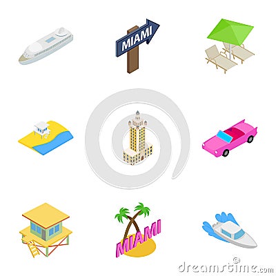 Miami Beach, Florida icons set, isometric 3d style Vector Illustration