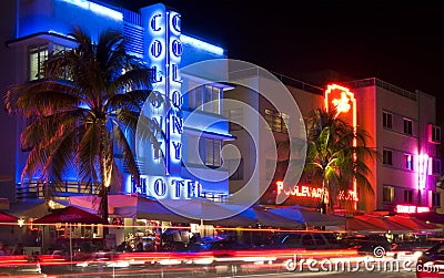 Miami Beach, Florida illuminated hotels and restaurants at night on Ocean Drive Editorial Stock Photo