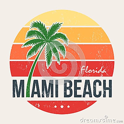 Miami beach Florida tee print with palm tree. Vector Illustration