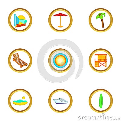 Miami beach icons set, cartoon style Vector Illustration