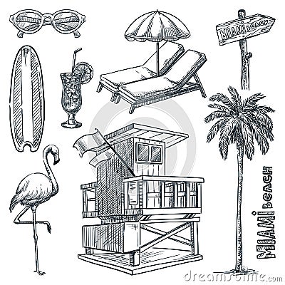 Miami beach landmark symbols. Florida vacation design elements set. Vector doodle sketch illustration Vector Illustration